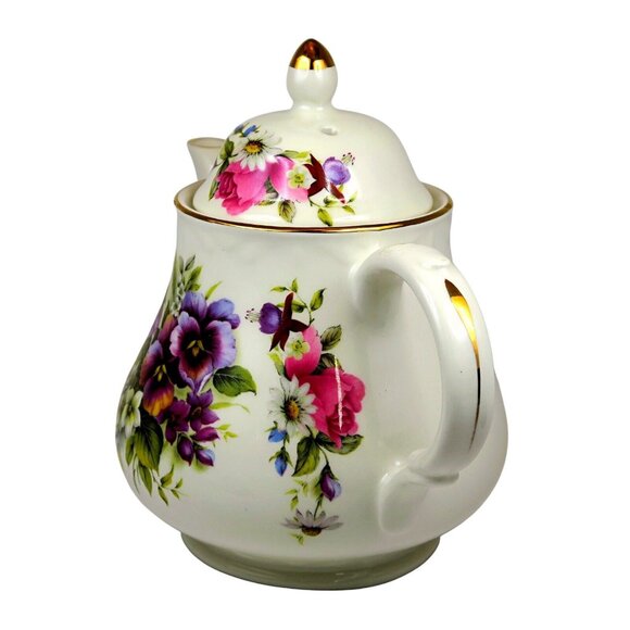 Arthur Wood & Son Teapot 6452 Floral Pansies & Roses Staffordshire Vintage - Picture 2 of 7